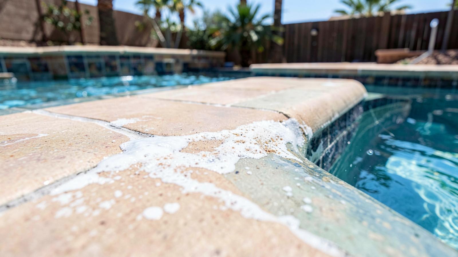 Close-up of calcium scale along the waterline tile of a Las Vegas swimming pool