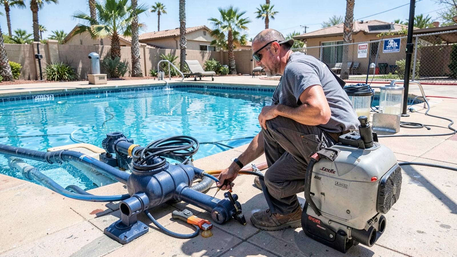 Pool technician inspecting pump, filter and plumbing at a Las Vegas residential pool equipment pad