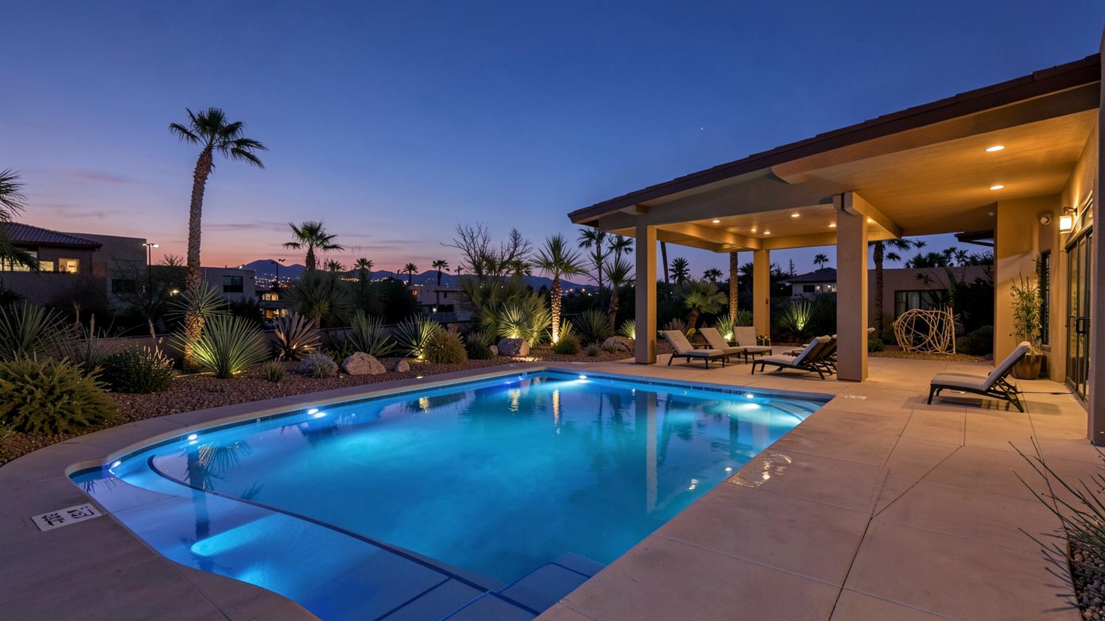 Renovated Las Vegas swimming pool at twilight with LED lighting, modern deck and desert landscaping