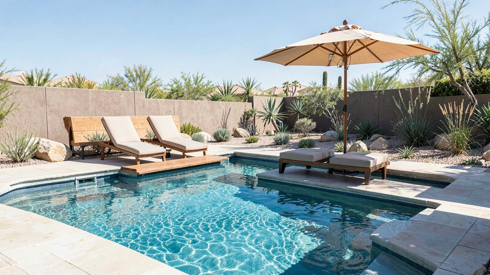Baja shelf with in-pool loungers and umbrella in a modern Southern Nevada swimming pool