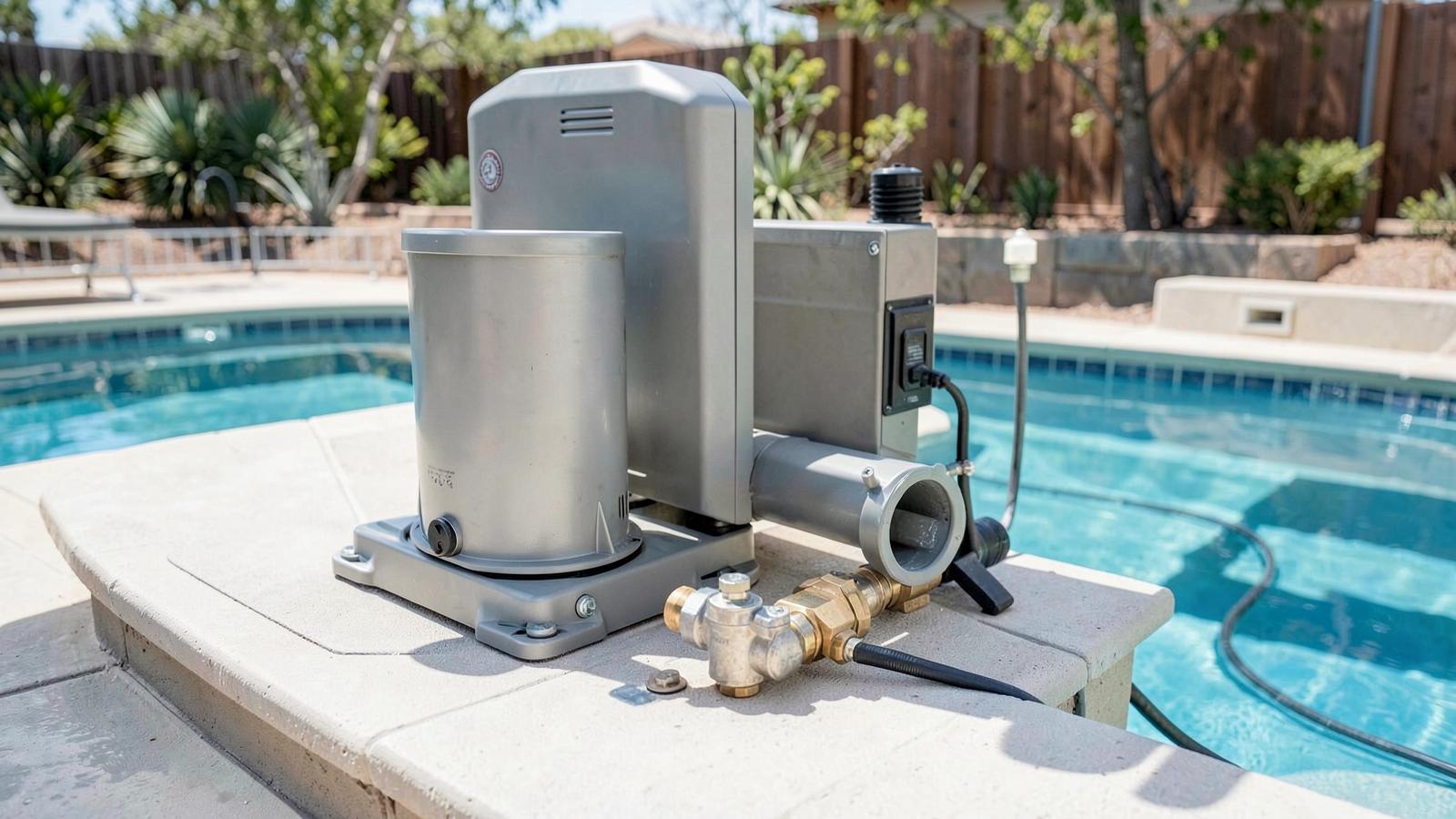Clean modern swimming pool equipment pad with pump, filter, plumbing and valves in a Southern Nevada backyard